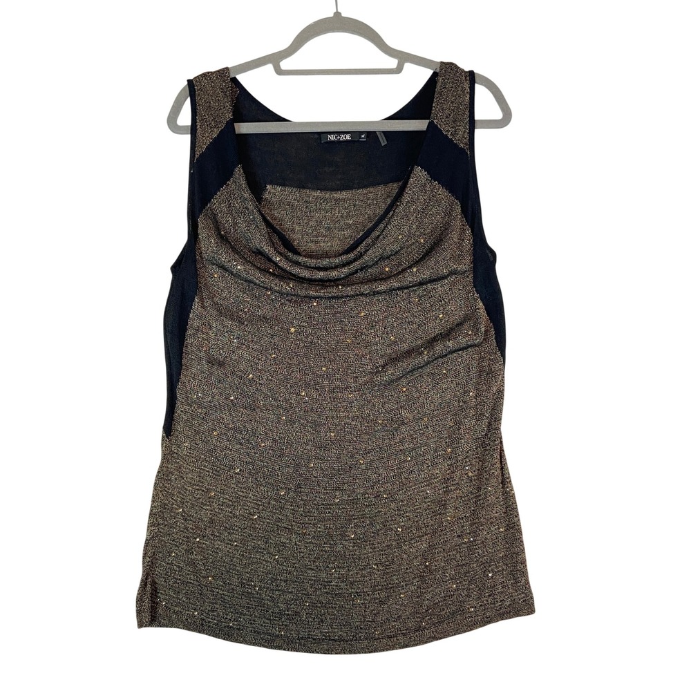 NIC+ZOE Sleeveless Cowl Neck Metallic Knit Top Women's XL Glam Party Black gold